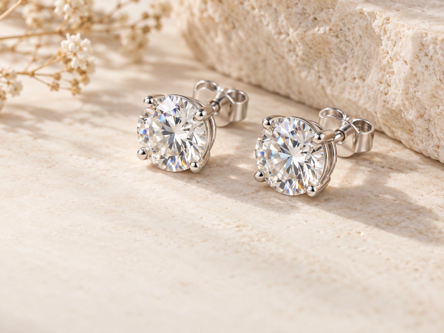 Classic round moissanite stud earrings in silver-tone settings