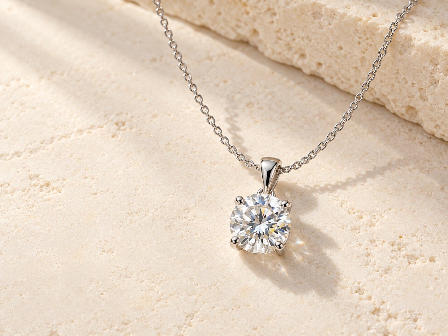 Round moissanite solitaire pendant on a fine silver-tone chain