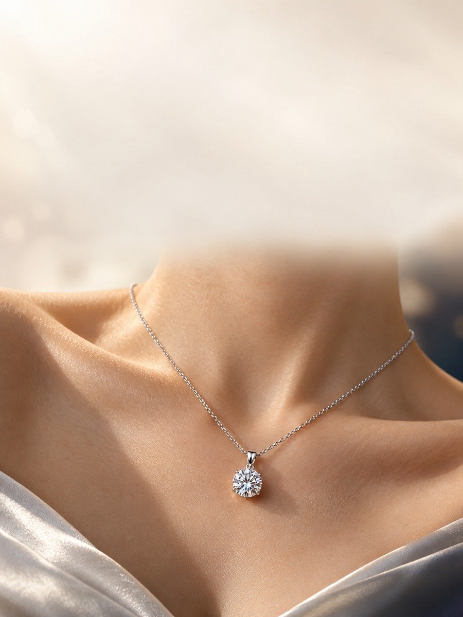 Classic moissanite solitaire pendant in a fine silver setting