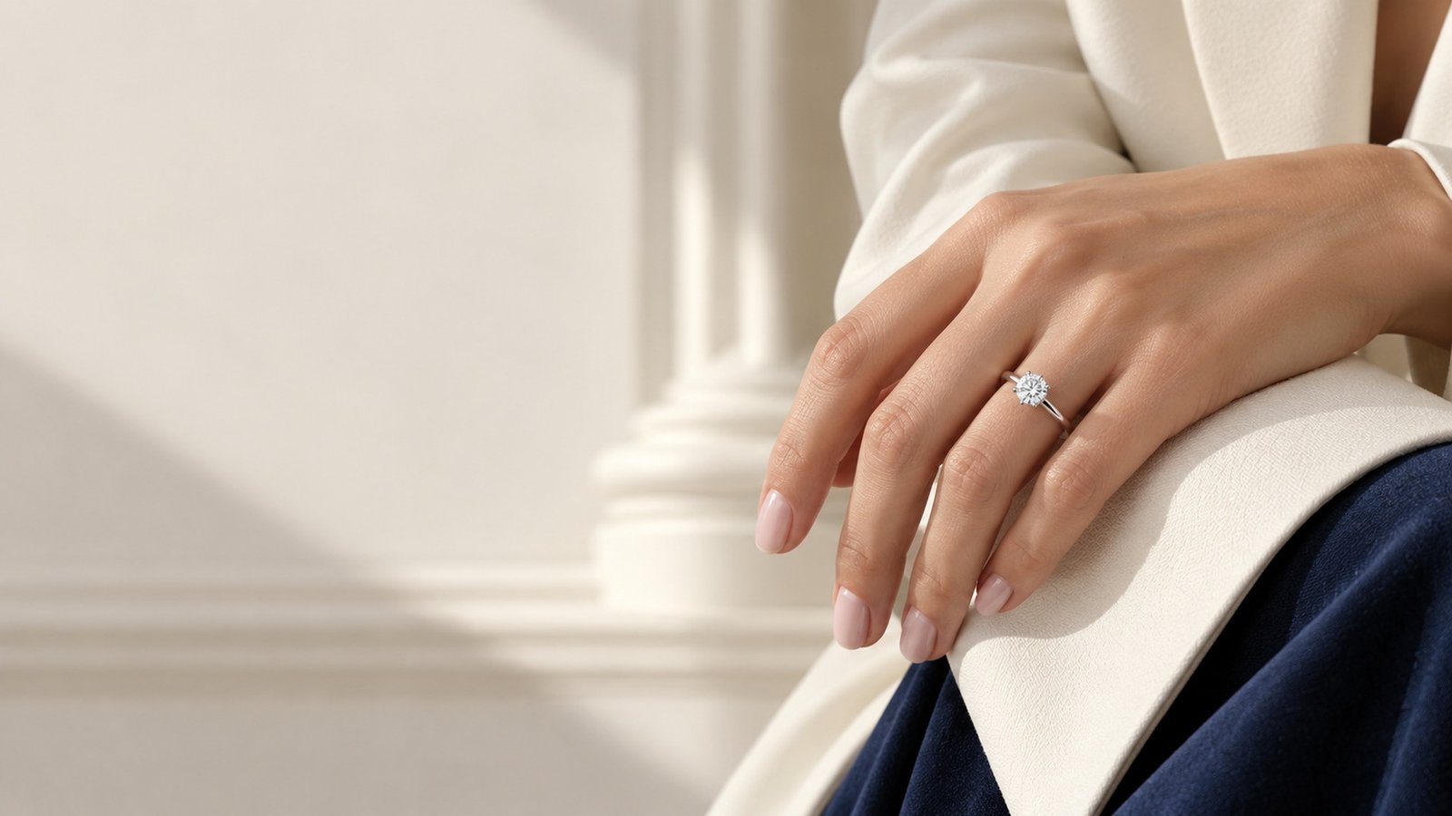 Classic round moissanite solitaire ring worn with an ivory tailored sleeve