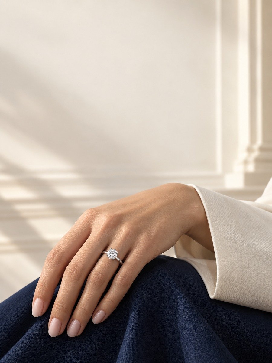 Classic round moissanite solitaire ring worn with an ivory tailored sleeve