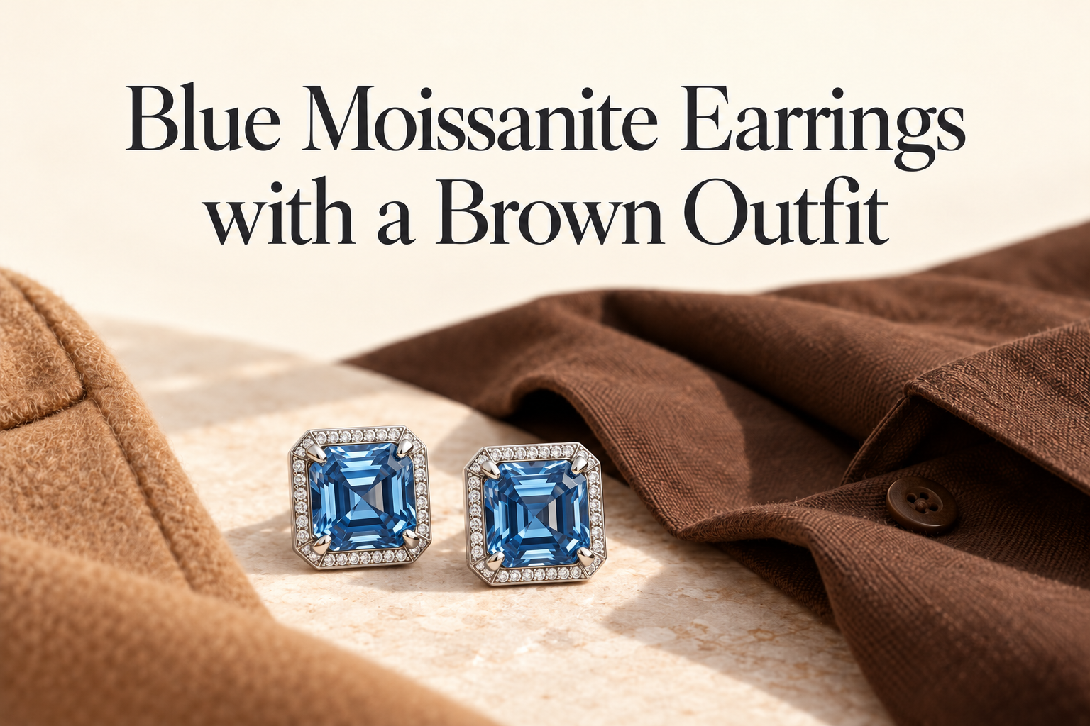 Blue Moissanite Earrings with a Brown Outfit
