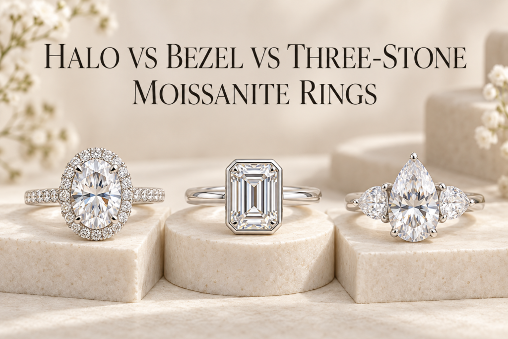 Halo vs Bezel vs Three-Stone Moissanite Rings