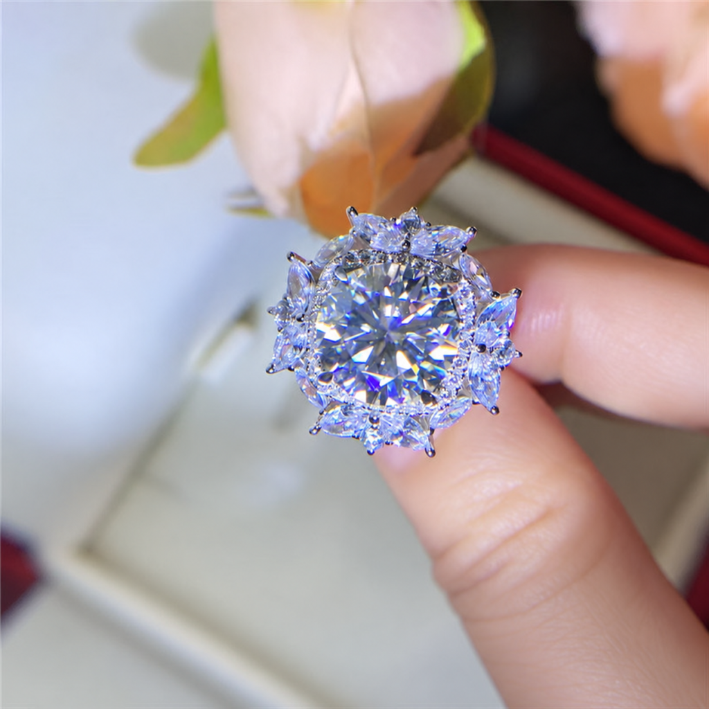 5 Carat VVS1 Moissanite Floral Halo Ring for Women, D Color Statement Ring