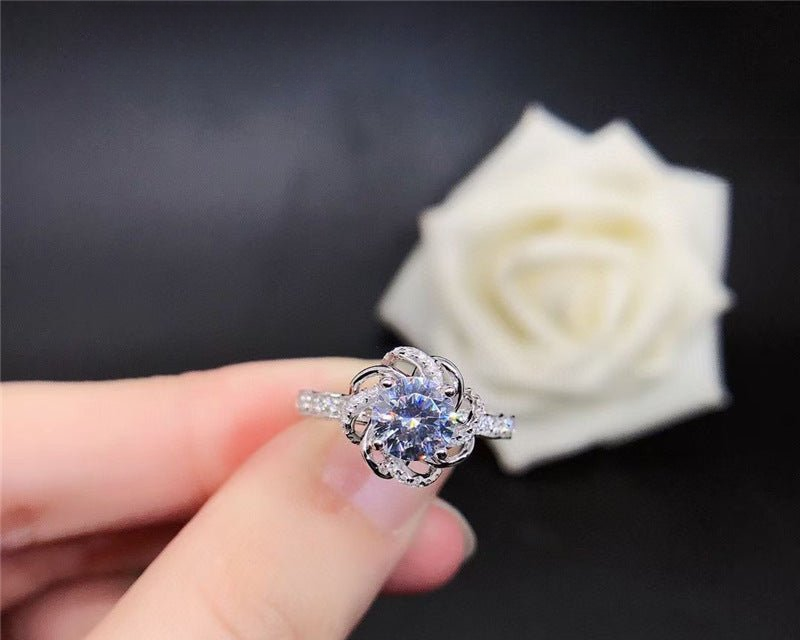 Moissanite Flower Halo Engagement Ring, Rose Bud Promise Ring, 1 Carat