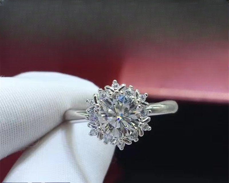 Moissanite Ring Floral Halo Round Cut Ring for Women
