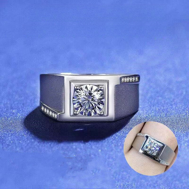 1 Carat Men’s Moissanite Ring, Square Solitaire Wedding Ring, Adjustable Size