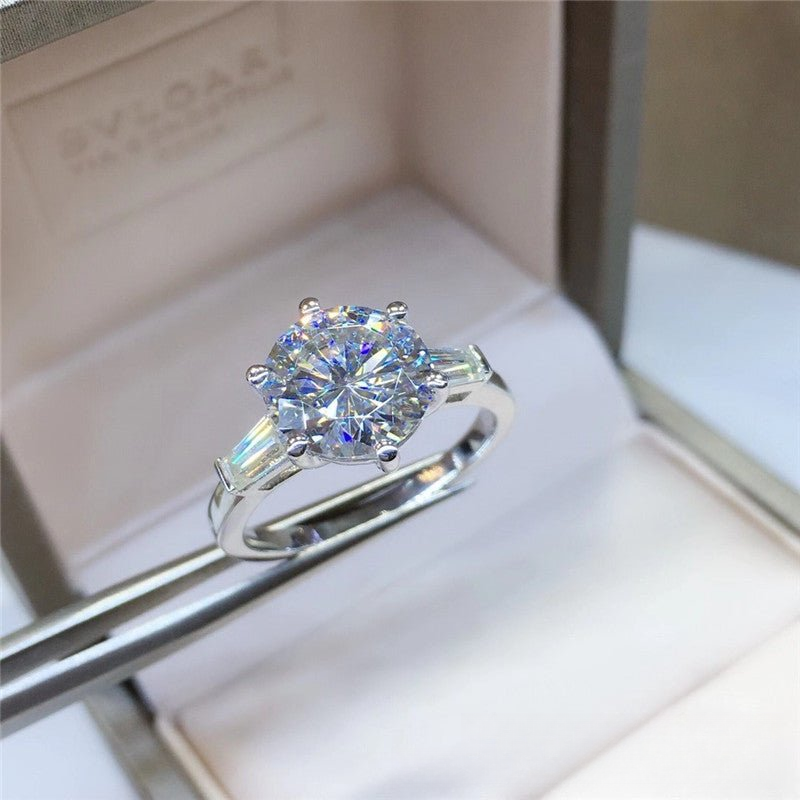 Moissanite Ring for Women, Round Solitaire Engagement Ring with Side Accents, Sizes 8-18