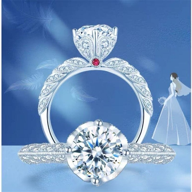 Adjustable Moissanite Ring for Women, Round Center Stone, Leaf Detail, Bridal Style