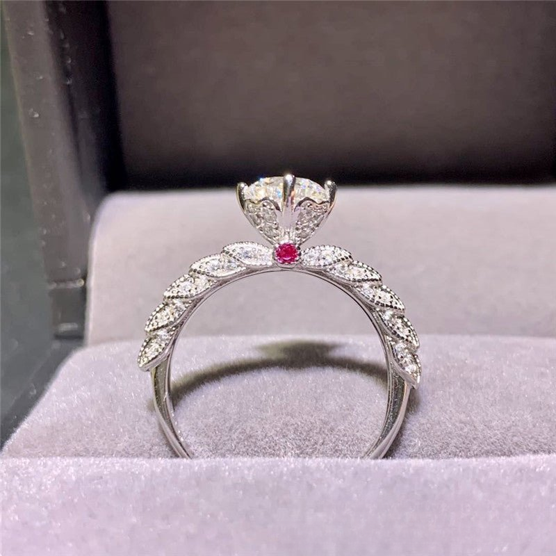 Adjustable Moissanite Ring for Women, Round Center Stone, Leaf Detail, Bridal Style
