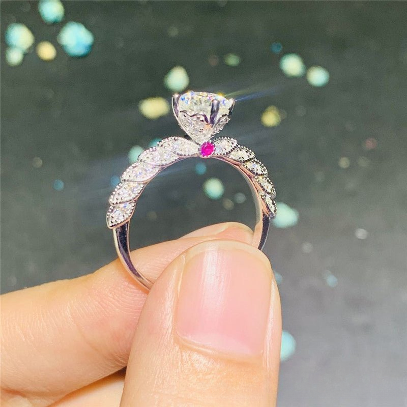 Adjustable Moissanite Ring for Women, Round Center Stone, Leaf Detail, Bridal Style