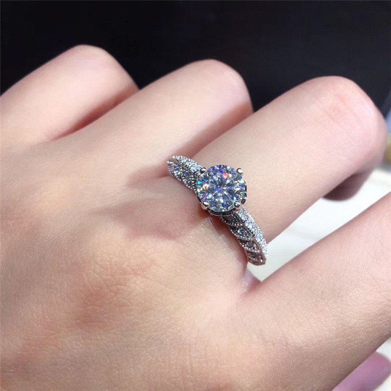 Adjustable Moissanite Ring for Women, Round Center Stone, Leaf Detail, Bridal Style