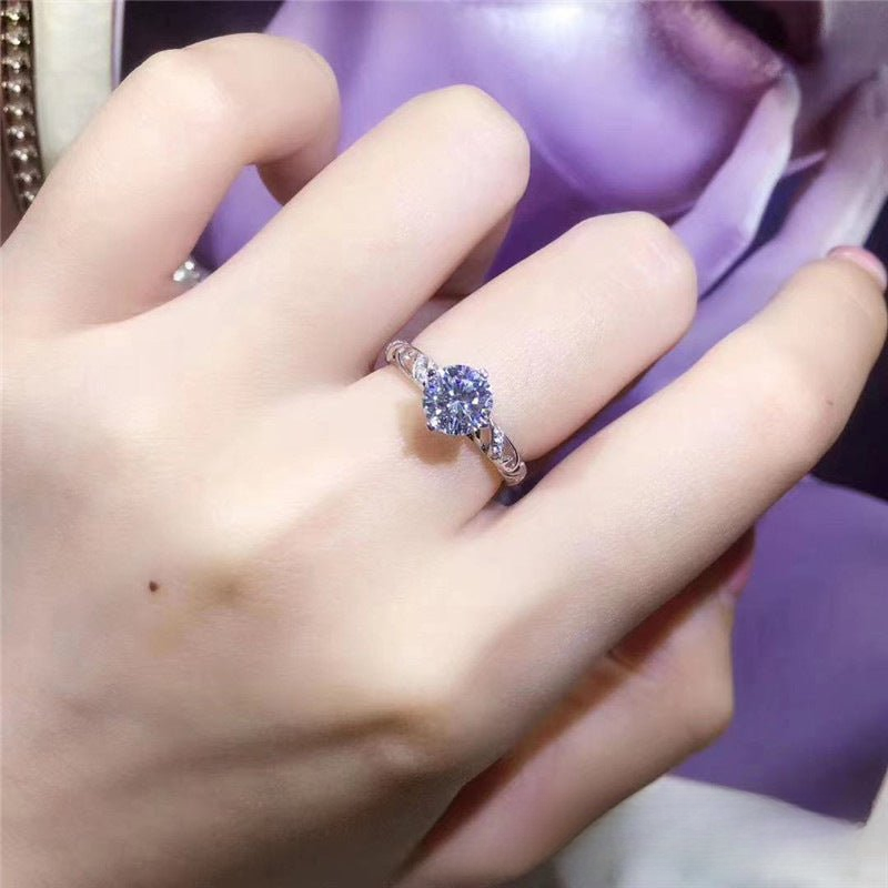 D Color Moissanite Double Band Ring for Women, Round Center Stone, Polished Lace-Inspired Design