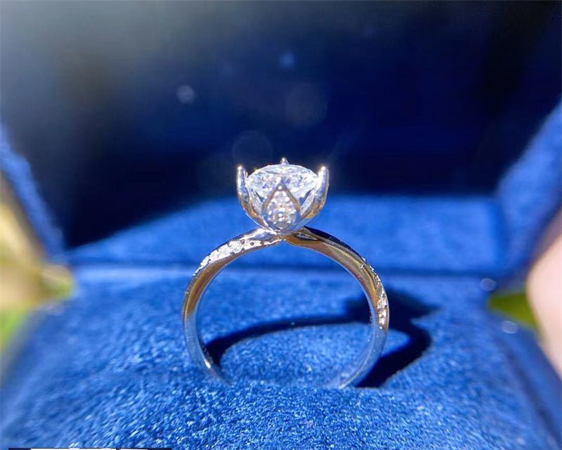 Flower Bud Moissanite Ring for Women, Adjustable Open Band Promise Engagement Ring