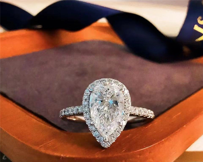 Pear-Shaped Moissanite Halo Ring for Women, Teardrop Engagement Style Ring, Daily Wear Gift Ring, Available in Sizes 9-20
