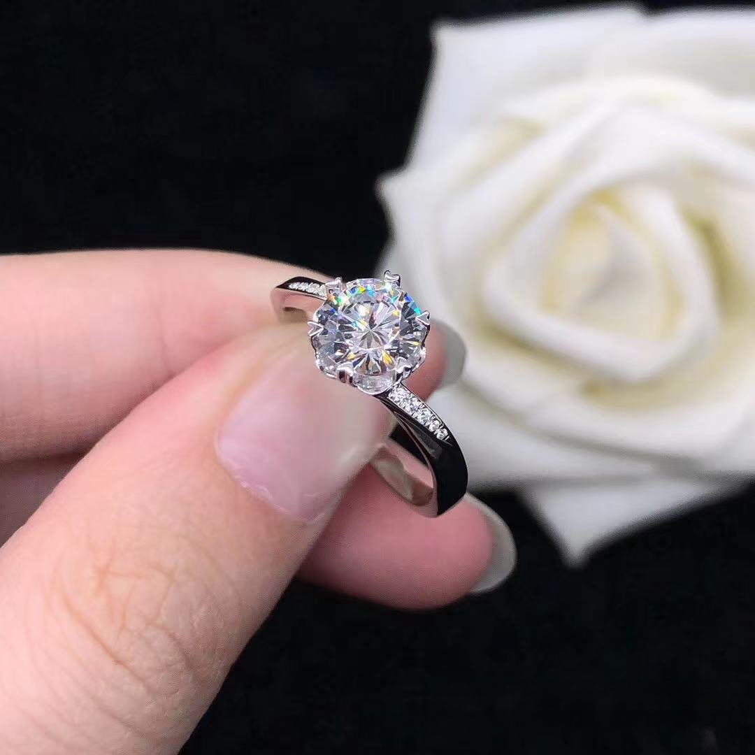 Round Cut Moissanite Ring, Polished Pavé Band, 0.8ct/1ct Gift Jewelry