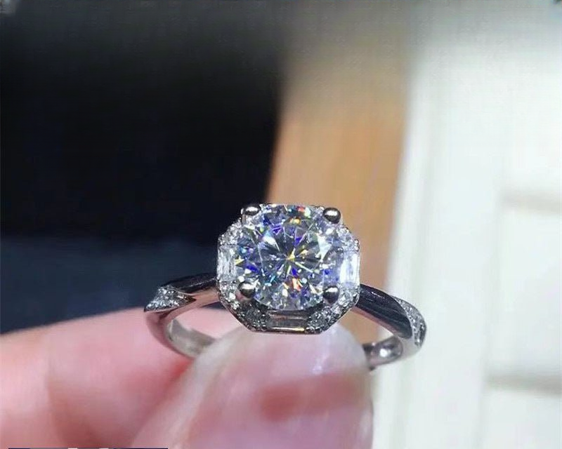 Moissanite Engagement Ring for Women, 18K White Gold Look Solitaire Halo Ring, 1ct 1.5ct 2ct 3ct Proposal Ring