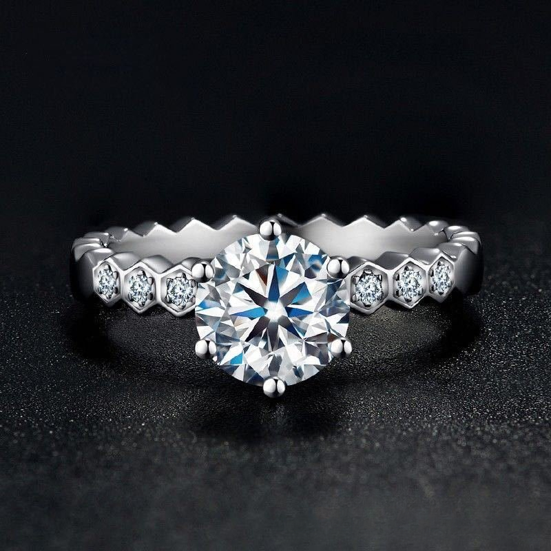 Moissanite Ring with Honeycomb Band, Round Solitaire Engagement Ring for Women