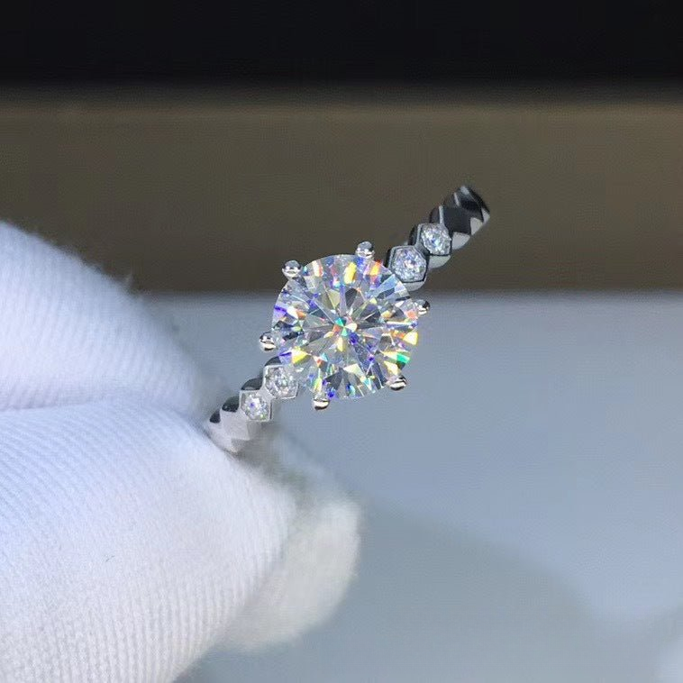 Moissanite Ring with Honeycomb Band, Round Solitaire Engagement Ring for Women