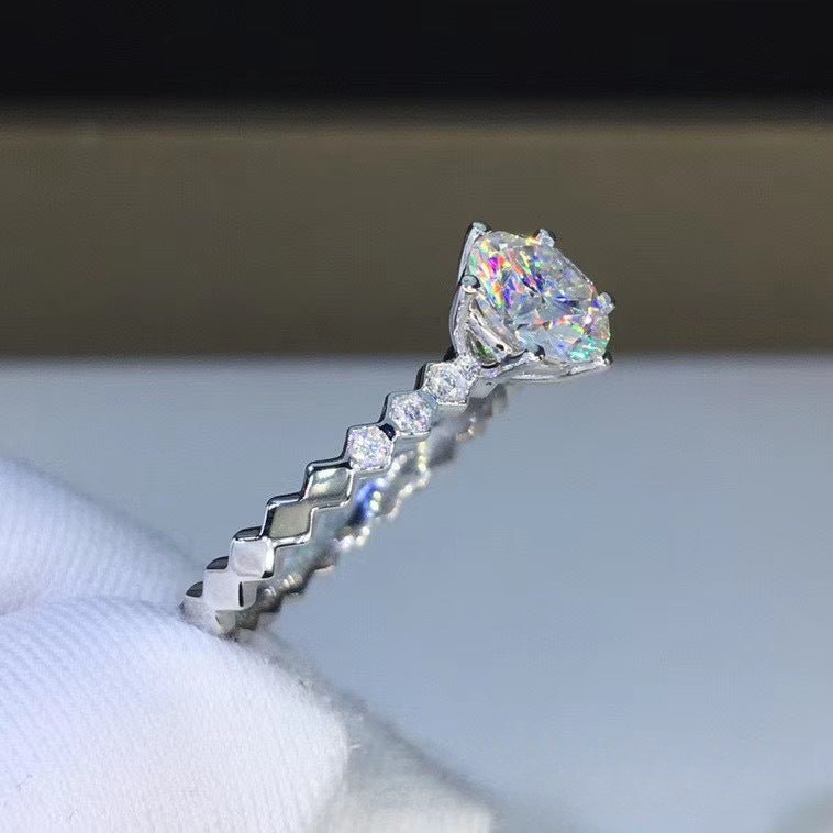 Moissanite Ring with Honeycomb Band, Round Solitaire Engagement Ring for Women