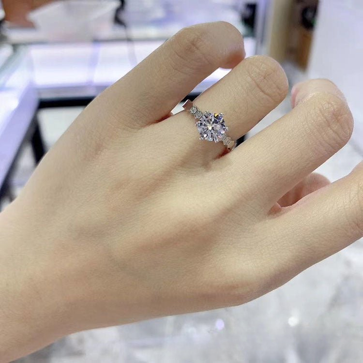 Moissanite Ring with Honeycomb Band, Round Solitaire Engagement Ring for Women