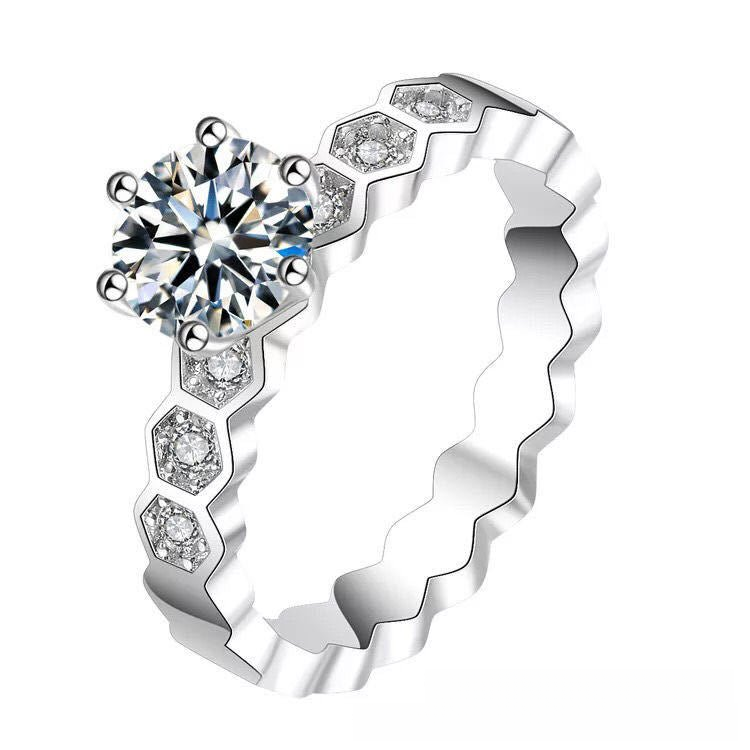 Moissanite Ring with Honeycomb Band, Round Solitaire Engagement Ring for Women
