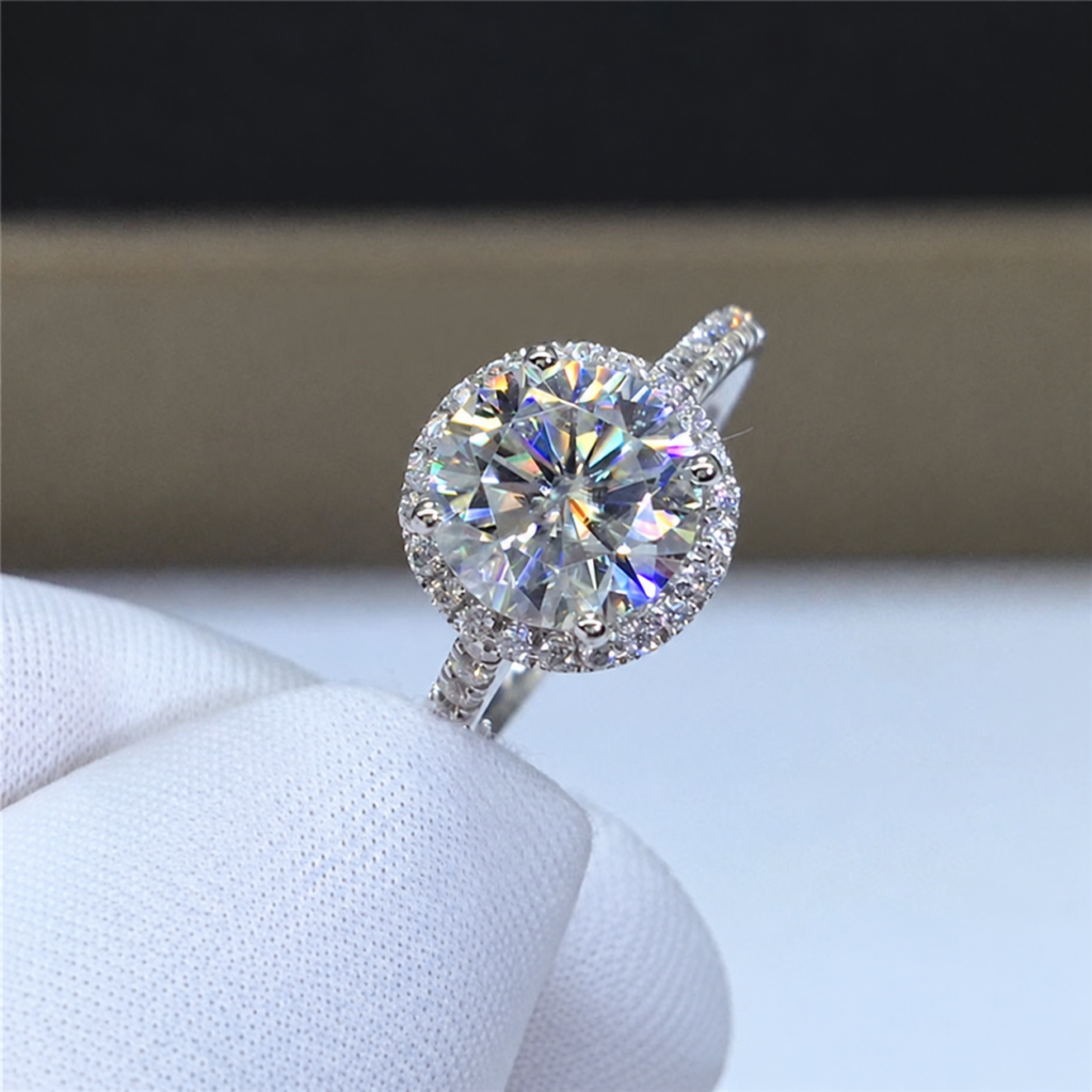 Round Moissanite Halo Ring, 18K Gold Open Adjustable Ring, Certified