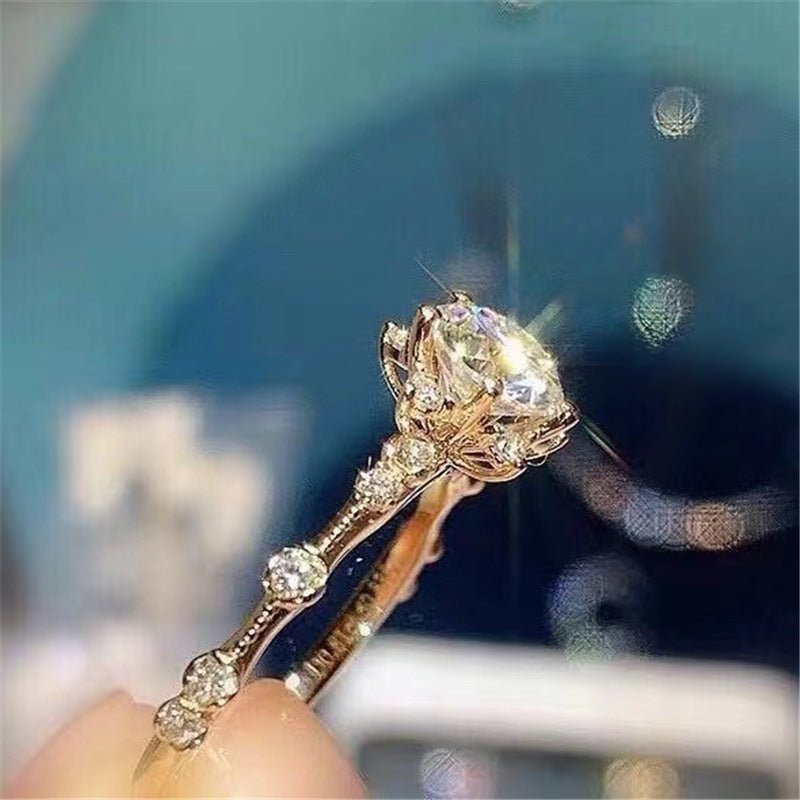 Moissanite Flower Halo Ring for Women, Floral Engagement Ring, Wedding Promise Ring, Rose Tone or White Tone