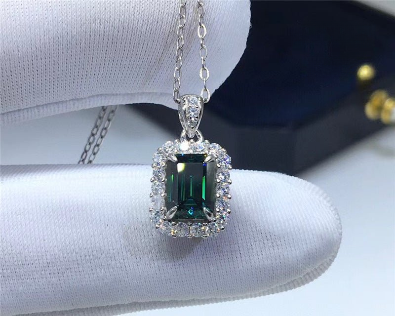1 Carat Green Moissanite Pendant Necklace, Emerald-Cut Halo Pendant, Elegant Chain Jewelry for Daily Wear and Gifting