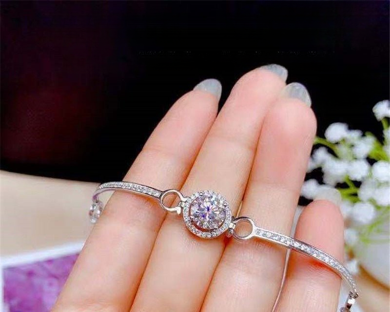 1 Carat Moissanite Bracelet for Women, Round Halo, 18K White Gold