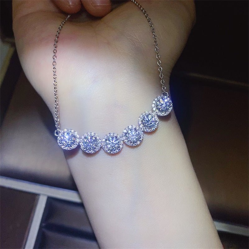 925 Silver Moissanite Necklace with Five Round Cluster Pendant, Geometric Collarbone Chain for Bridal, Evening, and Party Wear