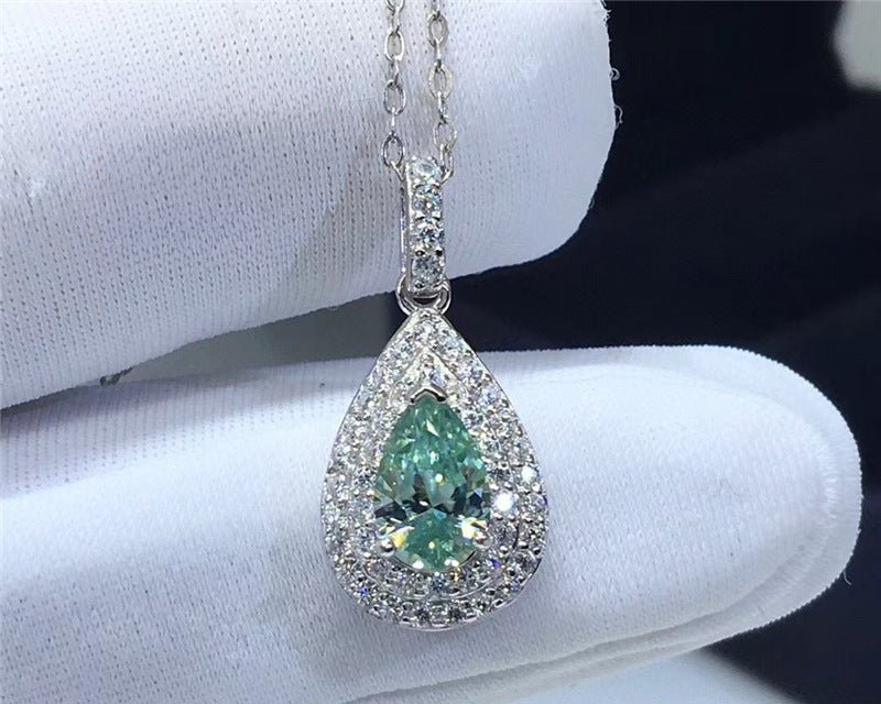 Green Moissanite Teardrop Pendant Necklace, 1 Carat Halo Chain