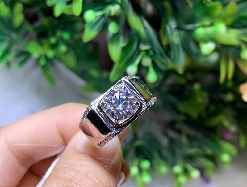 Men's Moissanite Ring, Square Bezel Micro-Pavé Ring