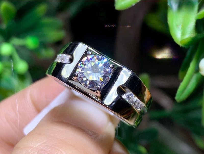 Moissanite Men's Ring, Round Solitaire Four-Prong Band
