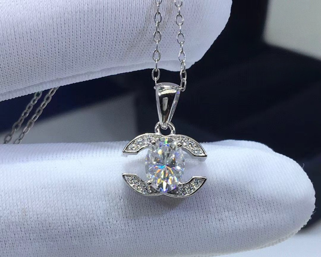 Moissanite Pendant Necklace for Women, Oval Cut 1 Carat, Crescent Accent