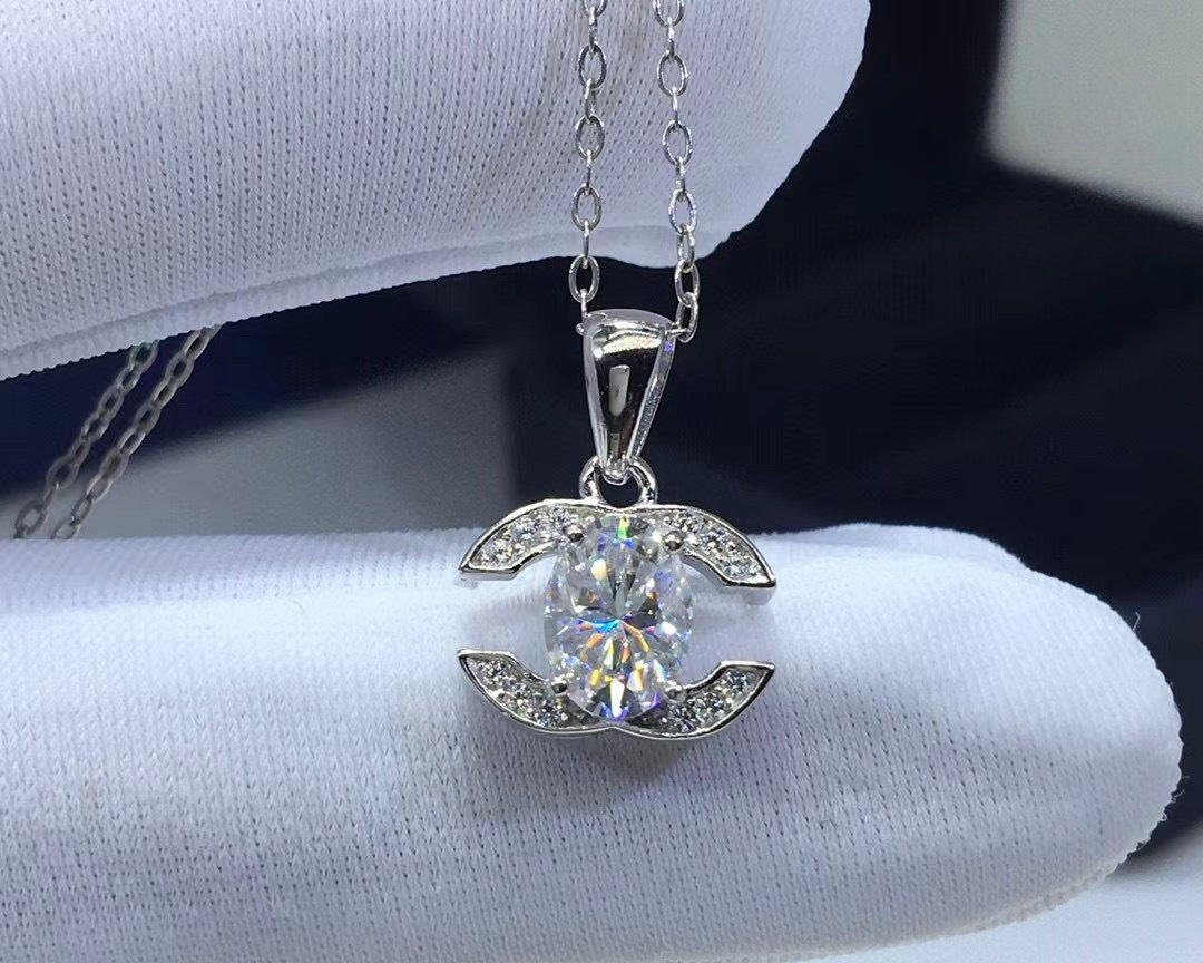 Moissanite Pendant Necklace for Women, Oval Cut 1 Carat, Crescent Accent