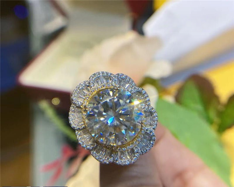 10 Carat Moissanite Halo Flower Ring for Women, Adjustable Engagement Style