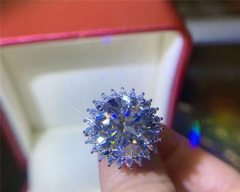 10 Carat Moissanite Halo Ring, Sunflower Style Adjustable Engagement Ring