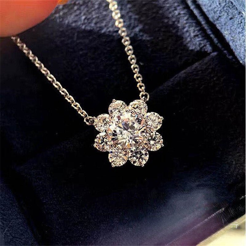 Flower Pendant Necklace, Sparkling Floral Clavicle Chain, Moissanite Style Gift