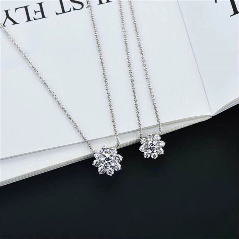 Flower Pendant Necklace, Sparkling Floral Clavicle Chain, Moissanite Style Gift
