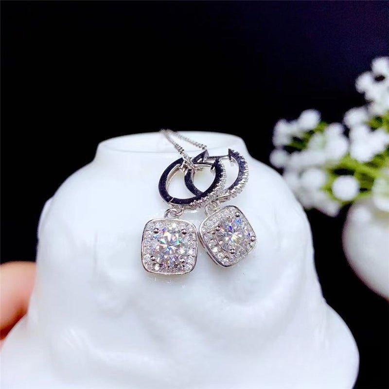 Moissanite Double Circle Pendant Necklace with Square Drop Charms