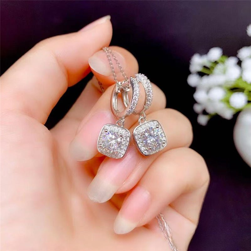 Moissanite Double Circle Pendant Necklace with Square Drop Charms