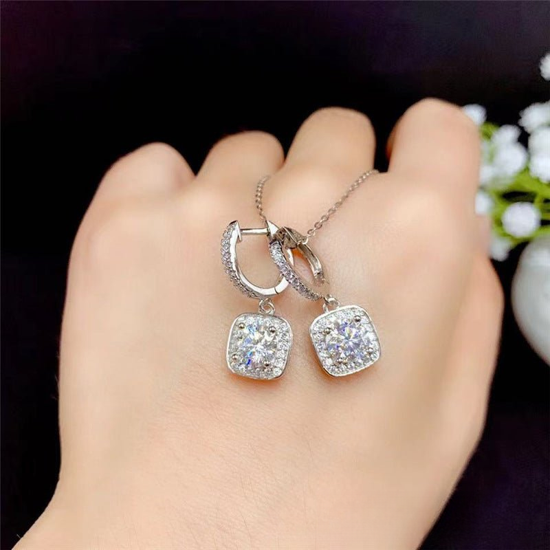 Moissanite Double Circle Pendant Necklace with Square Drop Charms