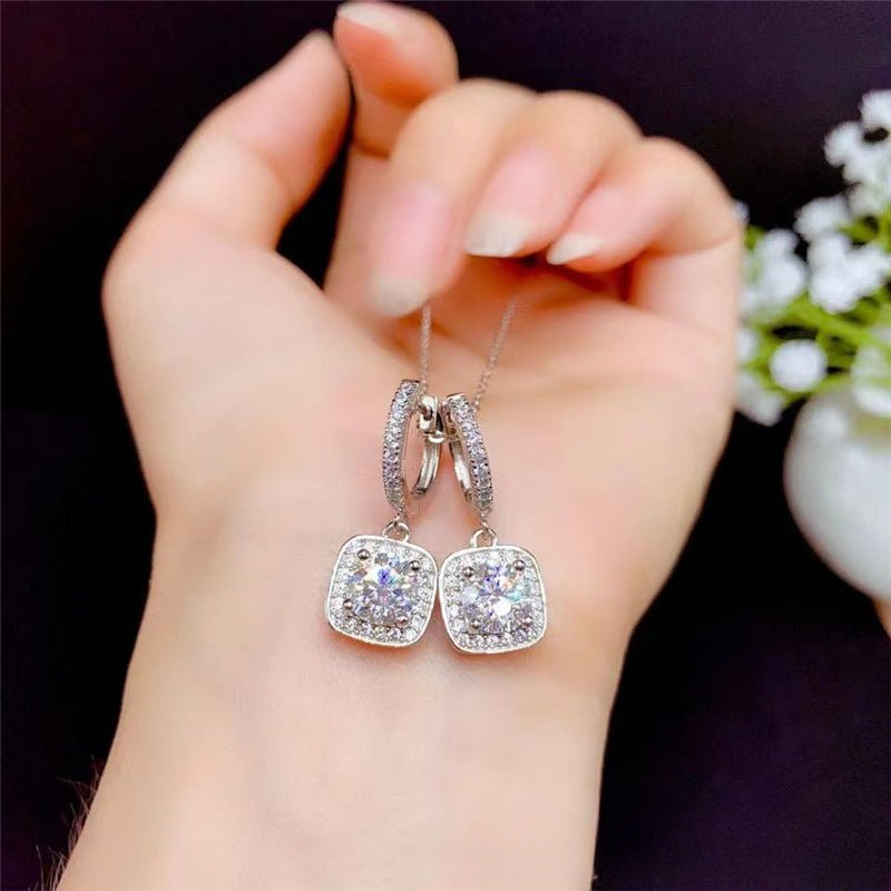Moissanite Double Circle Pendant Necklace with Square Drop Charms