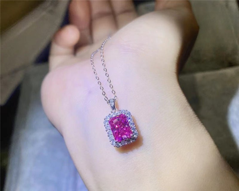 Pink Moissanite Pendant Necklace, Rectangular Halo Charm