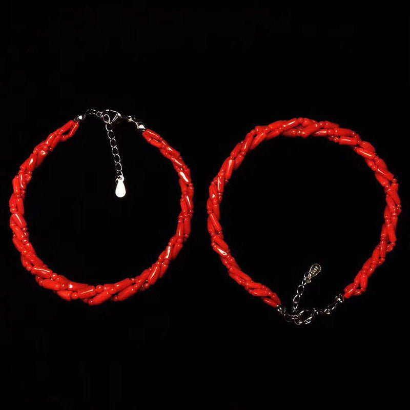 Red Snake Chain Bracelet with Extender Chain, Beaded Wave Bangle