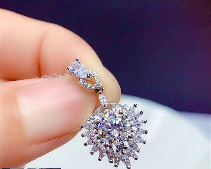 VVS Moissanite Pendant Necklace, D-Color Round Halo Drop, 1 Carat / 2 Carat