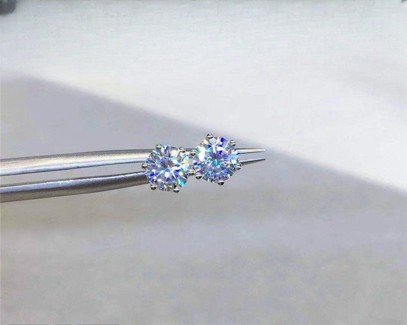 18K Gold Moissanite Stud Earrings, Round Six-Prong D Color Solitaire