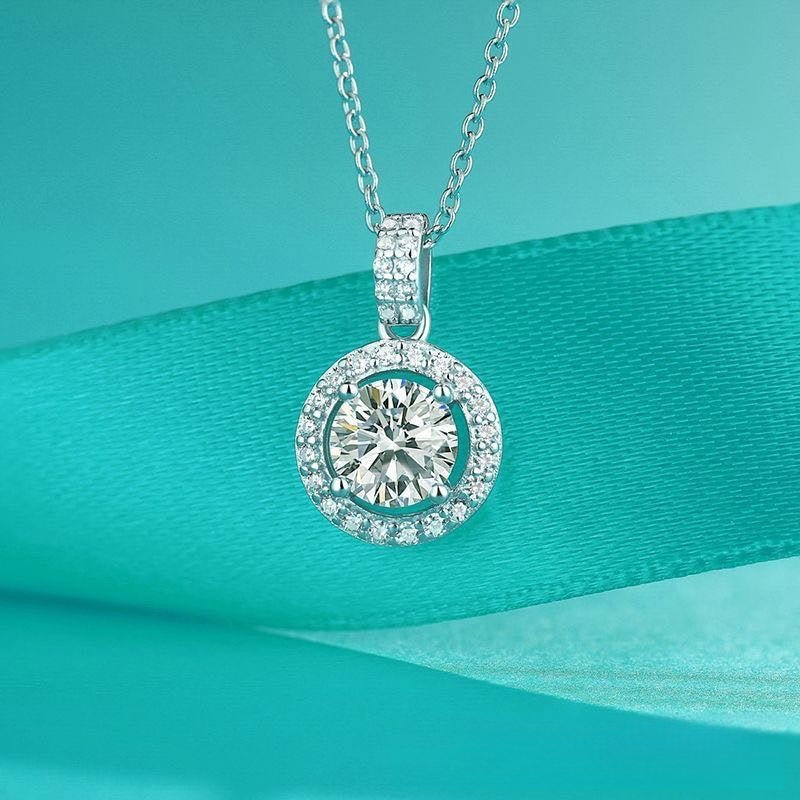 D-Color Round Moissanite Halo Pendant Necklace, Six-Prong Chain, 0.8 CT / 1 CT