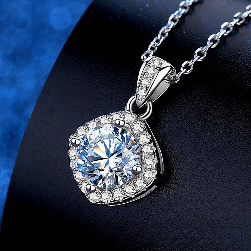 Moissanite Pendant Necklace, Round Halo Necklace, Minimalist Sparkle Jewelry, 1ct 1.5ct 2ct Options